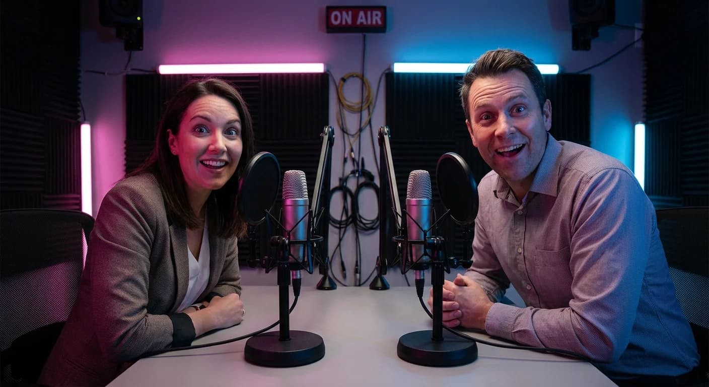 Podcast interview setting with two professionals