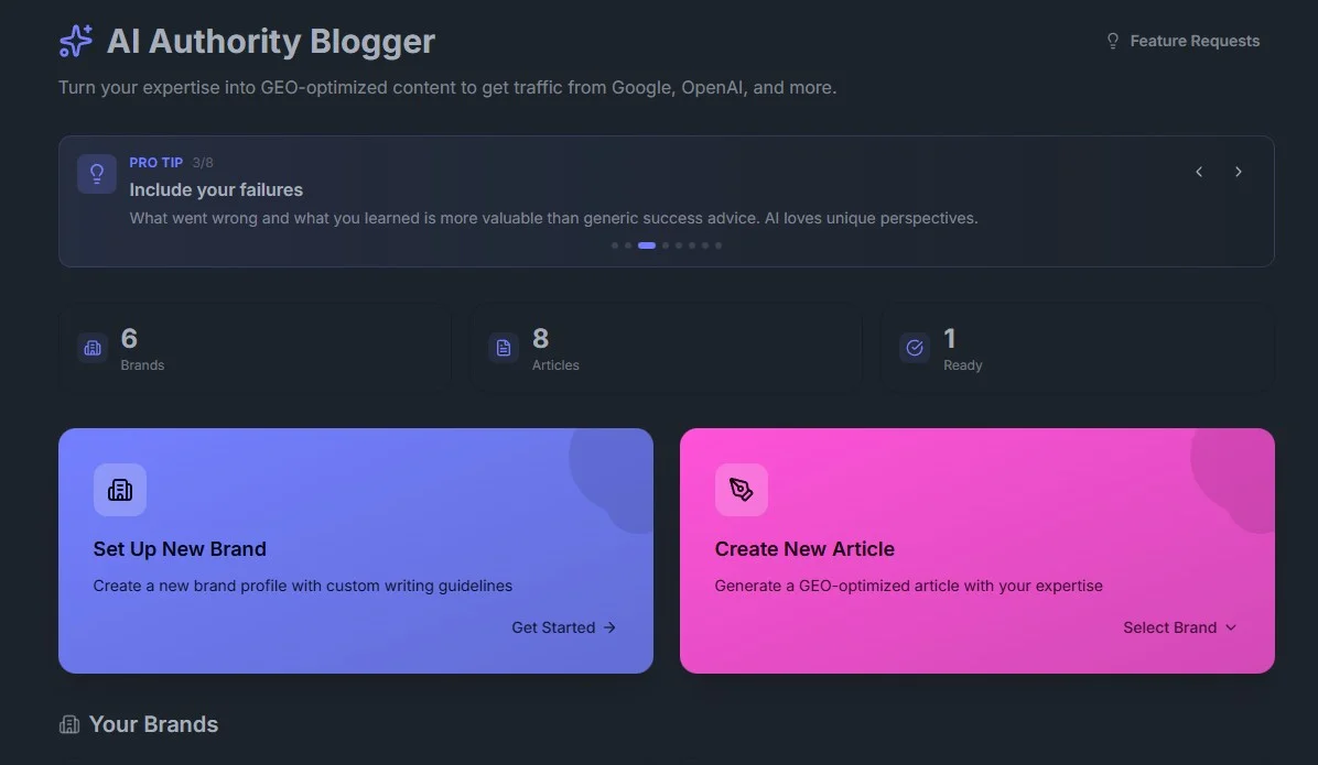Authority Blogger dashboard showing brand management interface