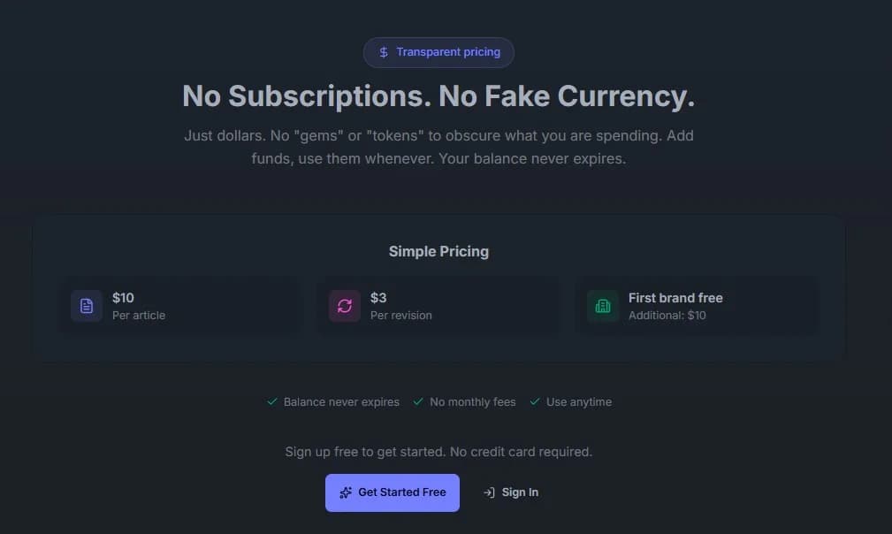 Authority Blogger pricing showing $10 per article with $3 revisions