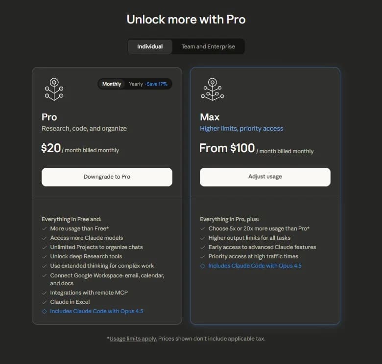 Claude pricing showing $20/month Pro plan