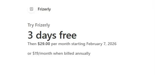 Frizerly pricing showing 3-day trial then $29/month