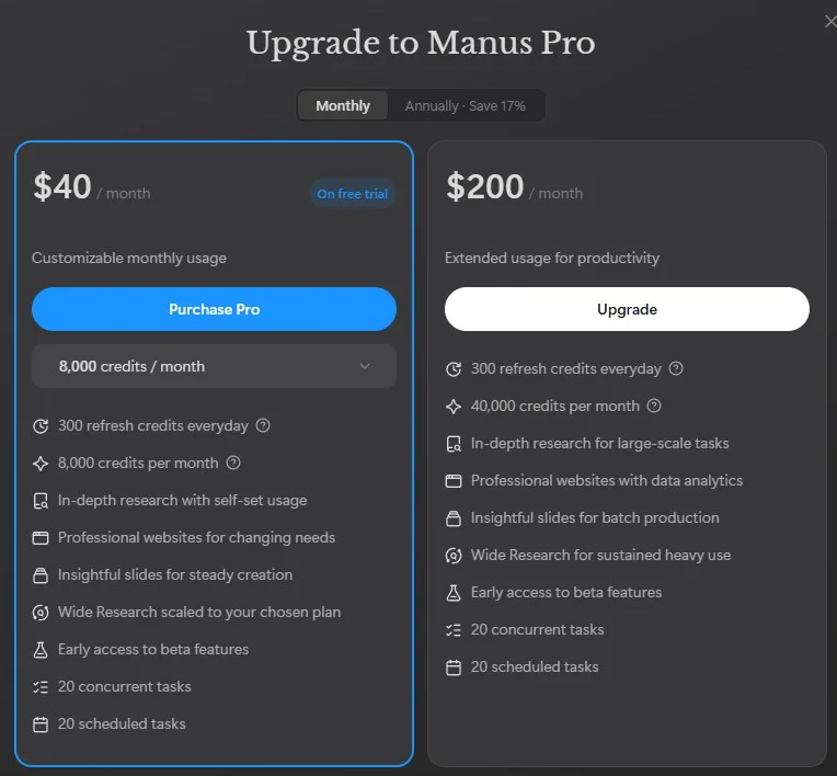 Manus pricing showing $40/month with 8,000 credits
