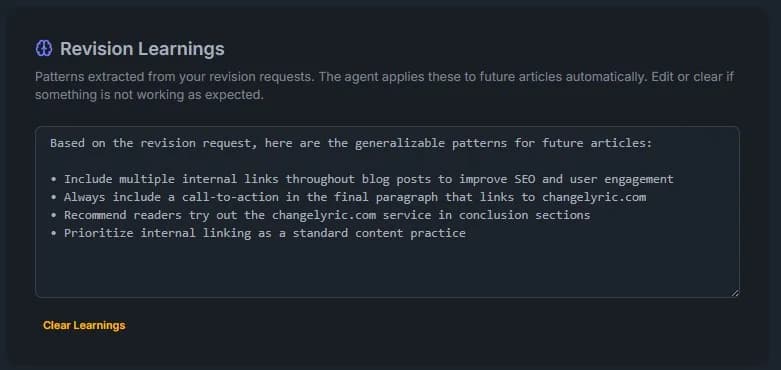 Authority Blogger revision learnings feature that improves output over time