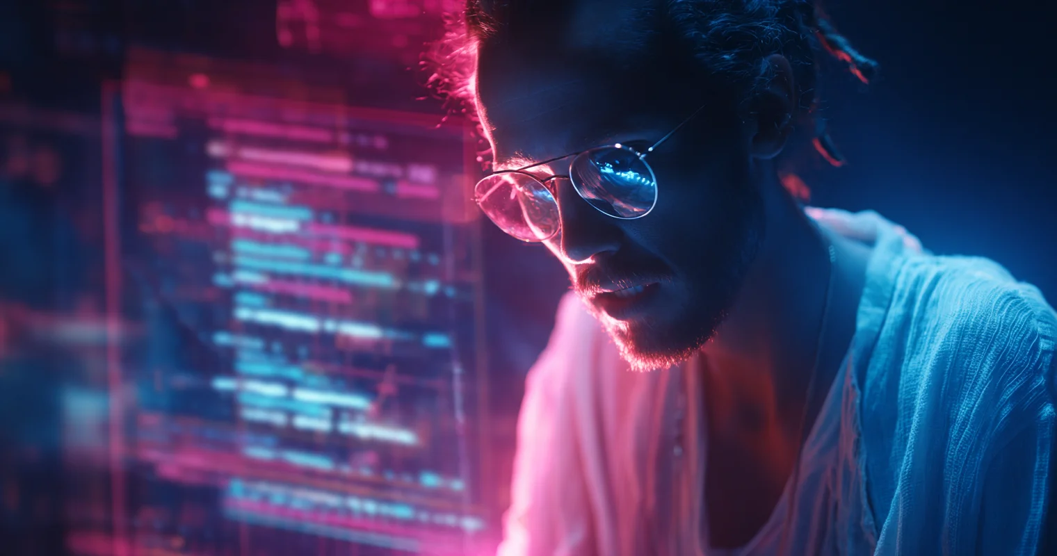 Music producer working in a neon-lit studio representing AI-assisted music production