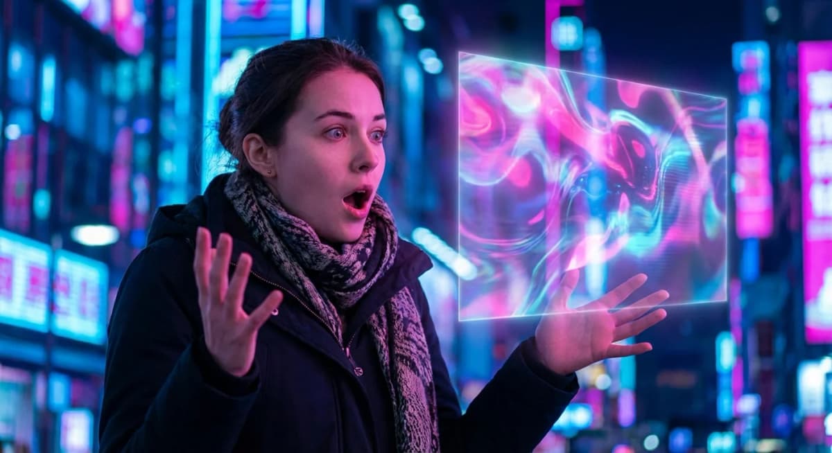 Person amazed by AI-generated holographic art representing Nano Banana Pro capabilities