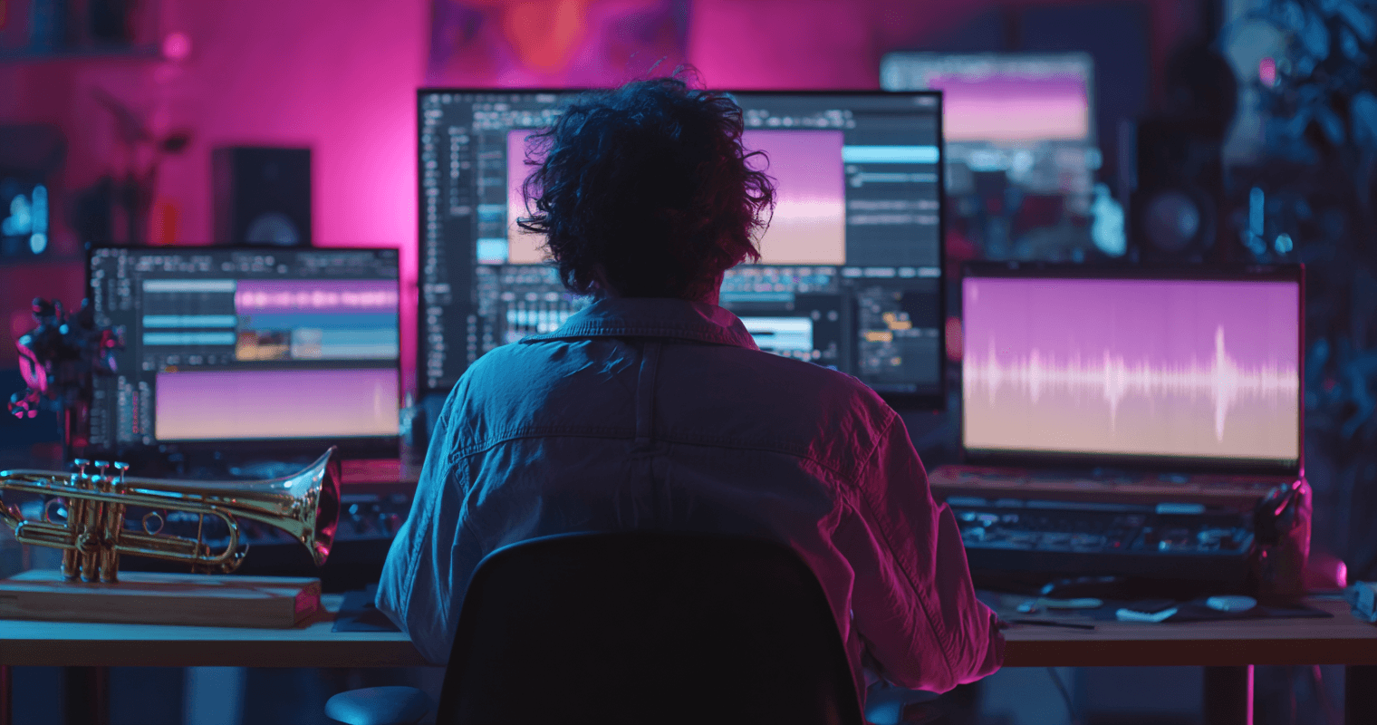 Video editor working in modern studio with multiple screens